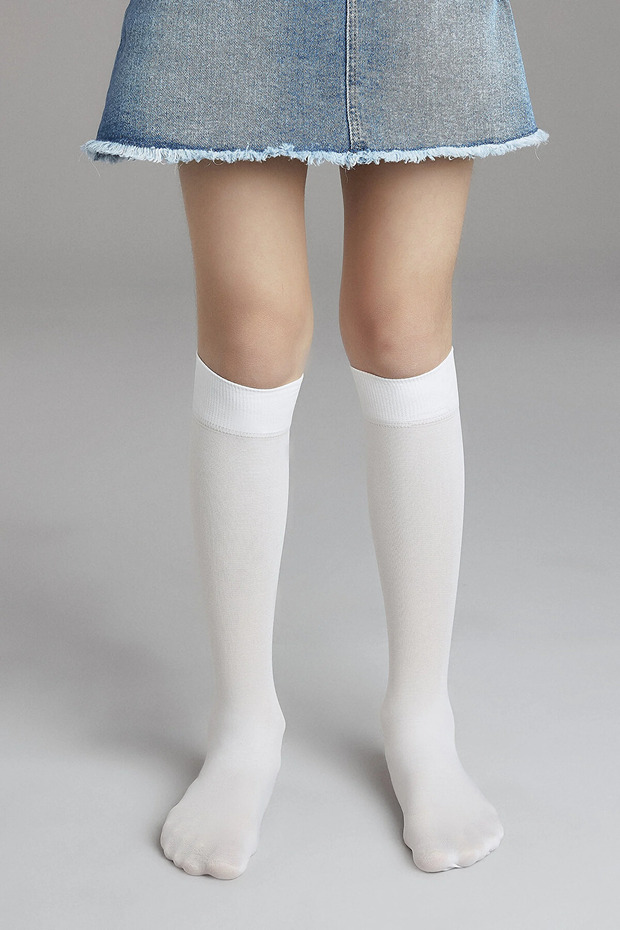 Girls' White Pretty Micro 40 Knee-Length School Socks 2 PCS