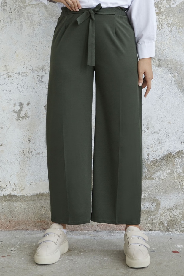 Waist Belted Loose Scuba Trousers - Dark Khaki