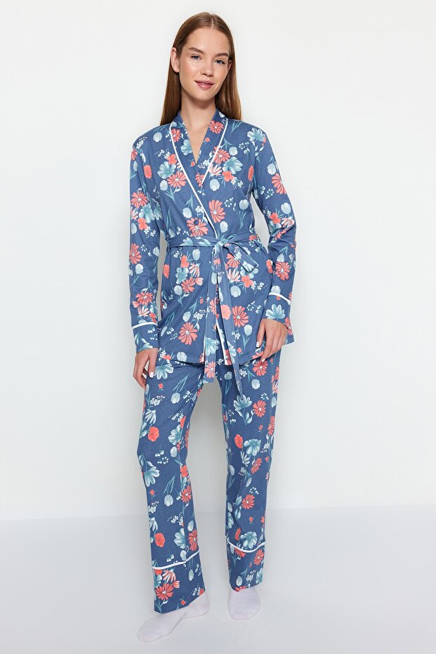 Mavi %100 Pamuklu Çiçek Desenli Kruvaze Gömlek-Pantolon Örme Pijama Takımı THMAW21PT0584 - 4