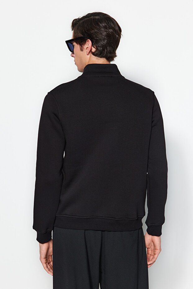 Siyah Regular/Normal Kesim Dik Yaka Fermuarlı Pamuklu Basic İçi Polarlı Sweatshirt TMNAW24SW00041 - 6