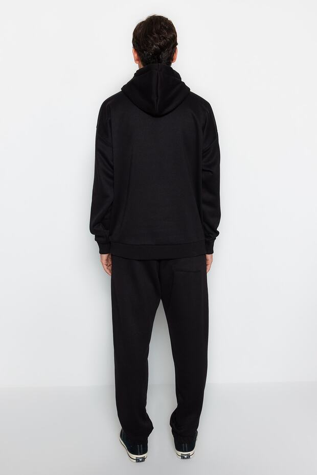 Czarna bluza z kapturem oversize/luźny krój, polarowa podszewka/ciepła bluza dresowa TMNAW24EM00002 - 5