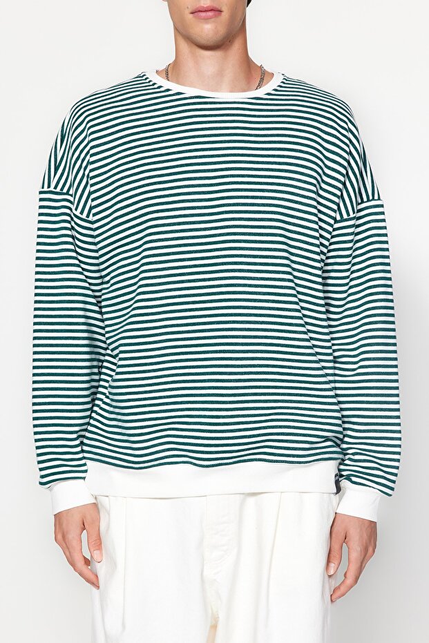 Yeşil Oversize/Geniş Kesim Çizgili İçi Polar/Sıcak Tutan Sweatshirt TMNAW24SW00065 - 2