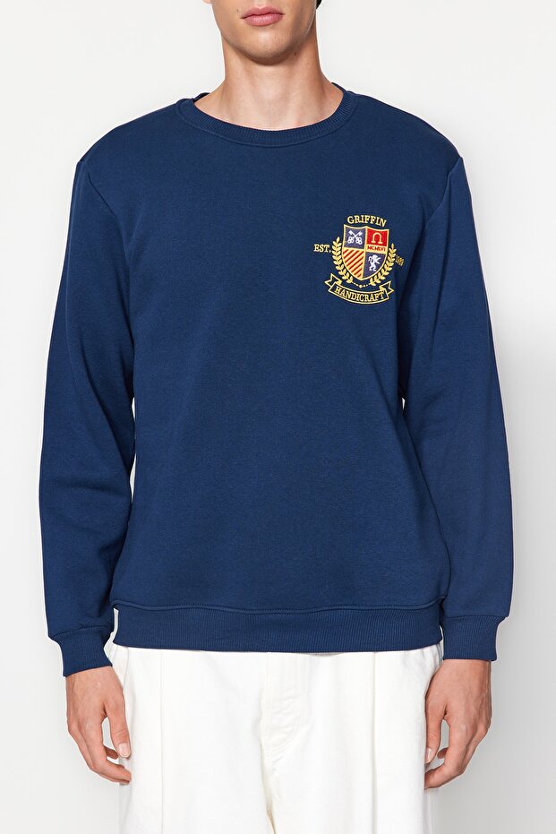 Indigo Regular/Normal Kesim Arma Nakışlı İçi Polar/Sıcak Tutan Sweatshirt TMNAW24SW00127 - 3