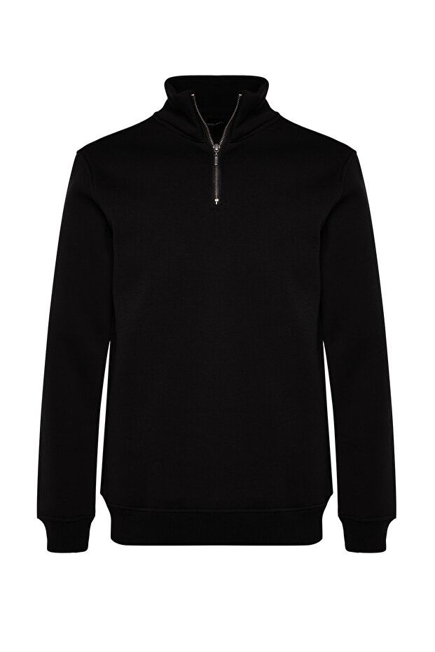 Siyah Regular/Normal Kesim Dik Yaka Fermuarlı Pamuklu Basic İçi Polarlı Sweatshirt TMNAW24SW00041 - 7