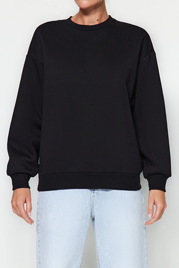Siyah Kalın İçi Polarlı Regular/Normal Kalıp Bisiklet Yaka Basic Örme Sweatshirt TWOAW24SW00101 - 4