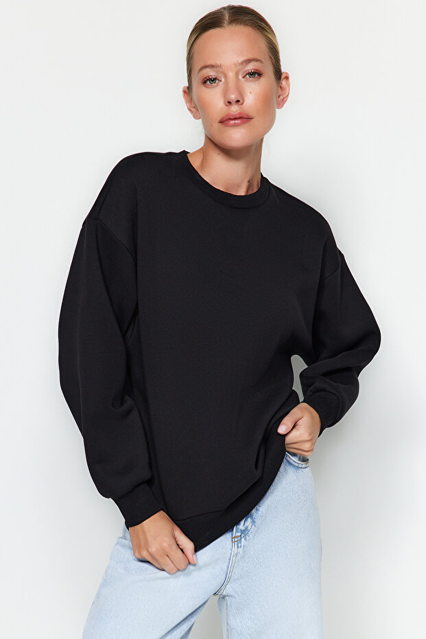 Siyah Kalın İçi Polarlı Regular/Normal Kalıp Bisiklet Yaka Basic Örme Sweatshirt TWOAW24SW00101 - 3