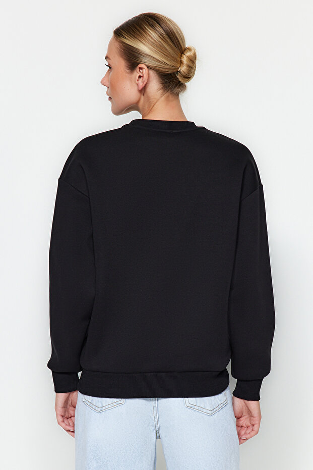 Siyah Kalın İçi Polarlı Regular/Normal Kalıp Bisiklet Yaka Basic Örme Sweatshirt TWOAW24SW00101 - 6
