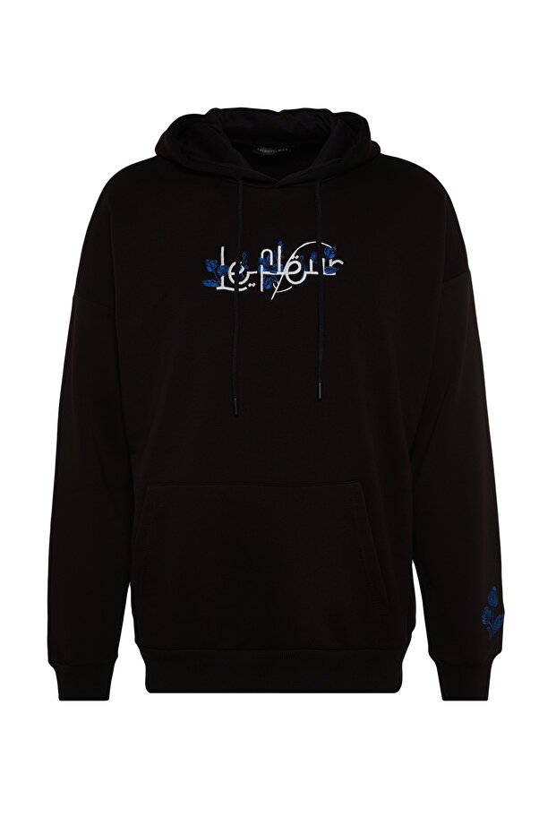 Siyah Oversize/Geniş Kesim Yazı Nakışlı Kapüşonlu Sweatshirt TMNAW24SW00230 - 6