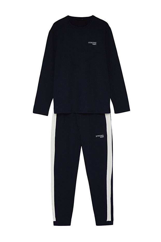 Lacivert Regular Kesim Nakışlı Şerit Detaylı Örme Pijama Takımı TMNAW24PT00030 - 6
