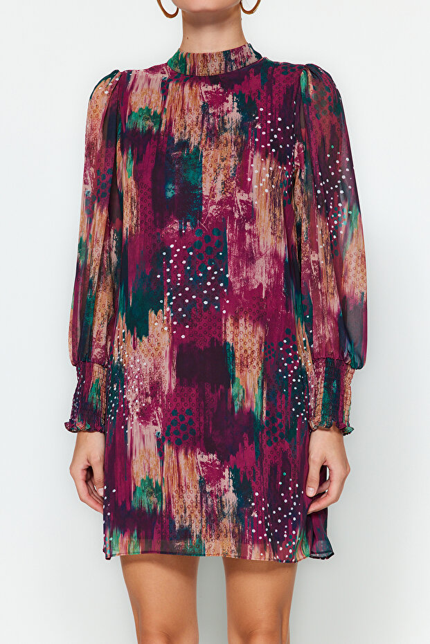 Barevné mini zimní šaty rovného střihu - potištěné tkané Twoaw24El00573 - 5