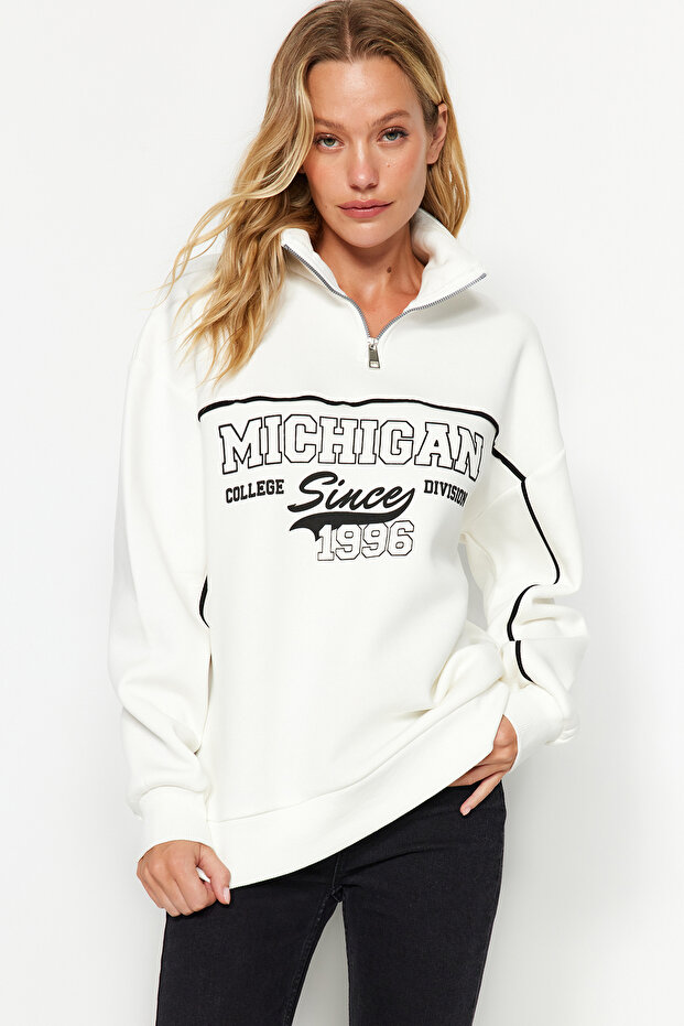 Ecru Zippered Printed Oversize/Wide Fit Thick Fleece Inside Knitted Sweatshirt TWOAW24SW00184