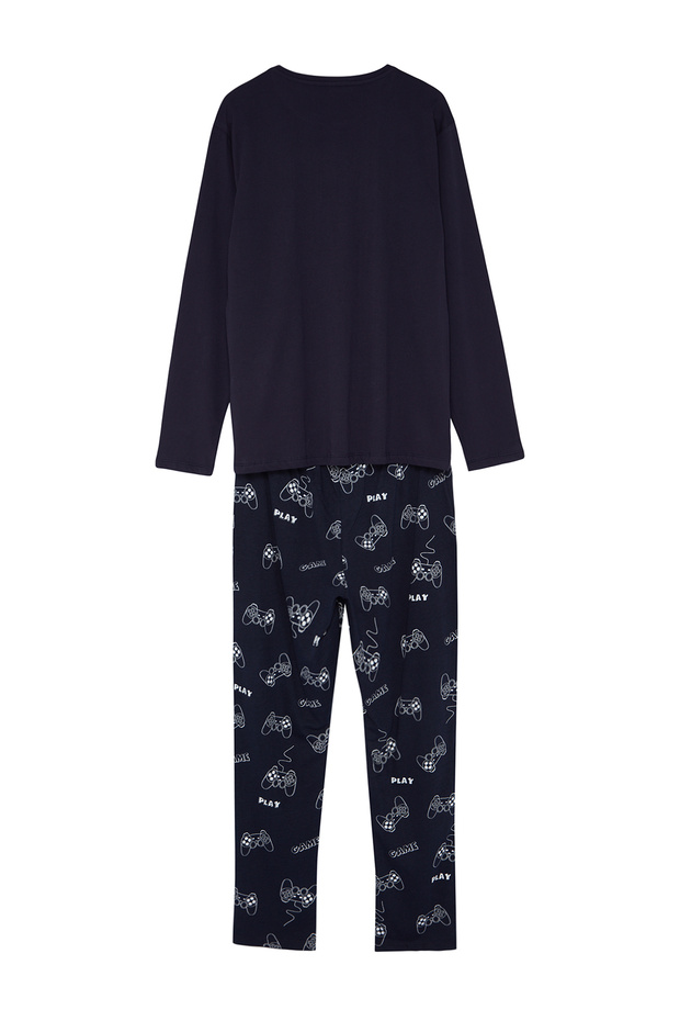 Lacivert Regular Fit Baskılı Örme %100 Pamuk Pijama Takımı TMNAW24PT00012 - 8