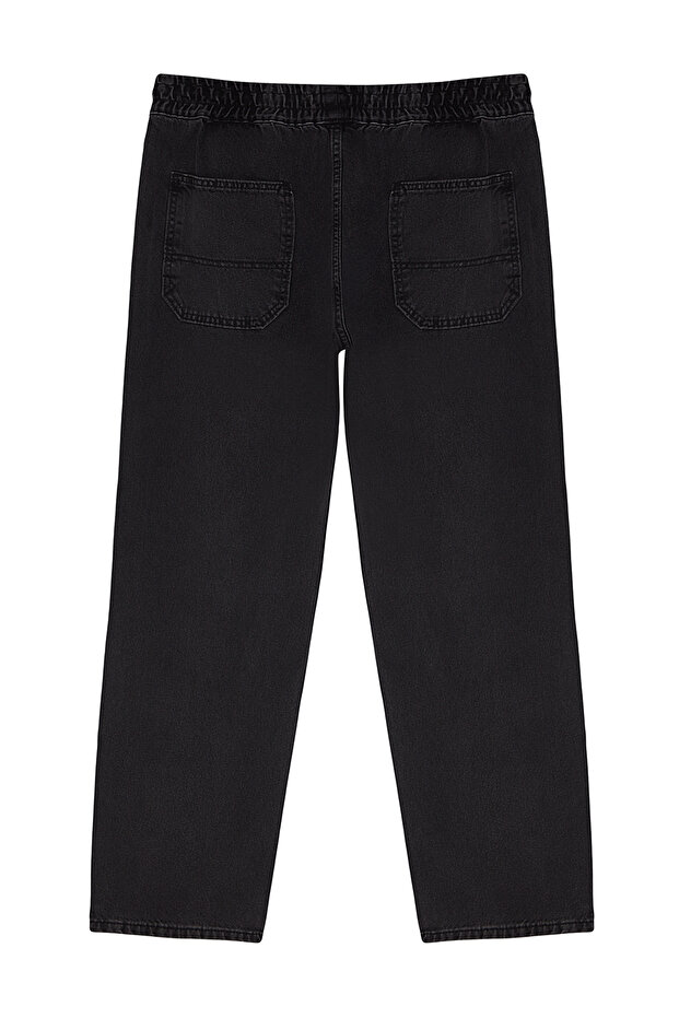 Siyah %100 Pamuk Regular Fit Beli Lastikli Jeans Bol Kot Pantolon TMNAW24JE00025 - 9