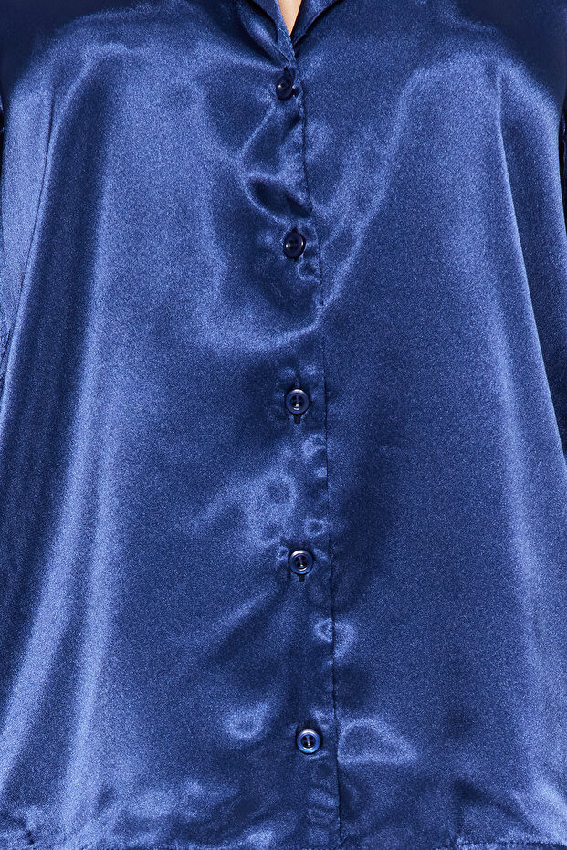 Lacivert Saten Gömlek-Pantolon Dokuma Pijama Takımı THMAW24PT00026 - 6
