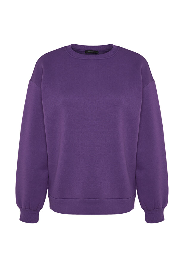 Mor Oversize/Rahat Kesim Basic Bisiklet Yaka Kalın/İçi polarlı Örme Sweatshirt TWOAW24SW00102 - 6