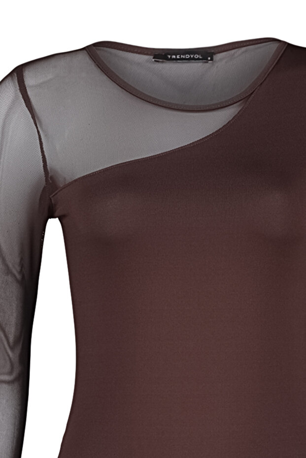 Kahverengi Tül Detaylı Çıtçıtlı Esnek Örme Body TWOAW24BD00021 - 7