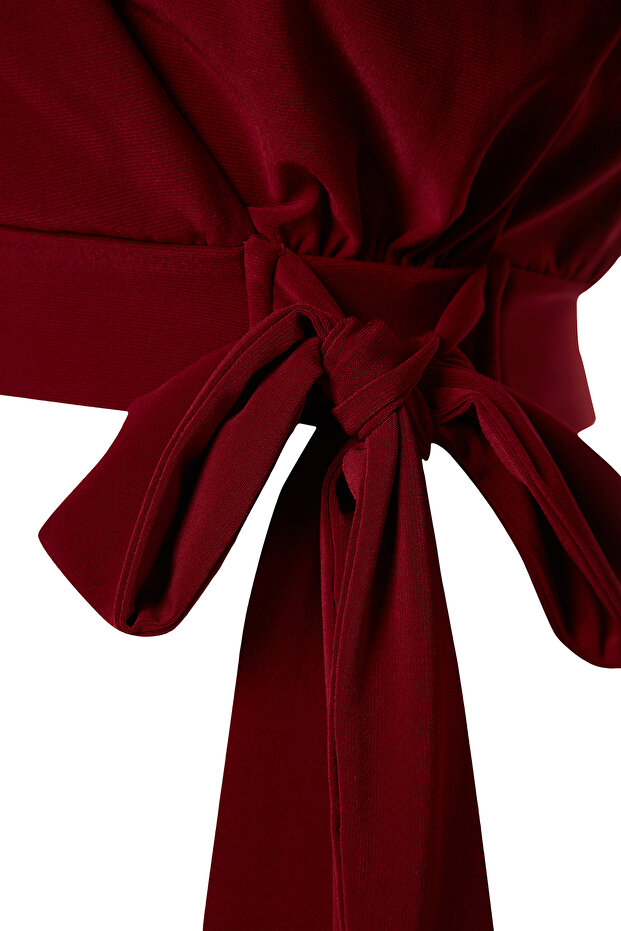Bordo Kruvaze Kapamalı Crop Esnek Örme Bluz TWOAW24BZ00071 - 7