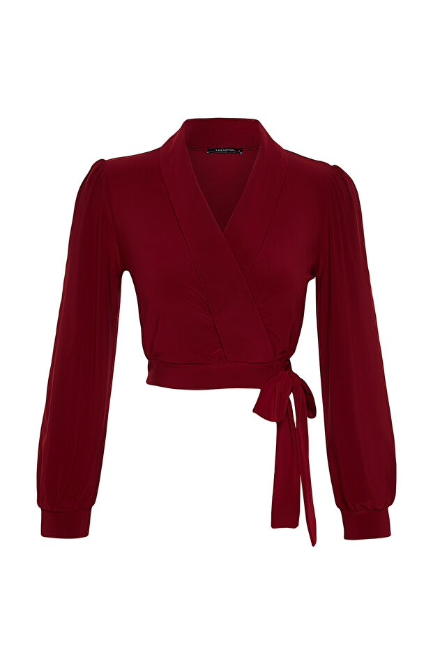 Bordo Kruvaze Kapamalı Crop Esnek Örme Bluz TWOAW24BZ00071 - 6