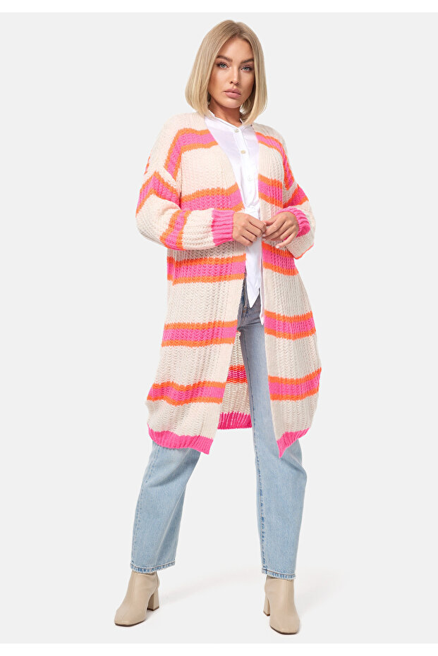 Damen Longstrickjacke Gestreift Bunte Kuschelige Strickjacke Hırka, Einheitsgröße PM02 - 3