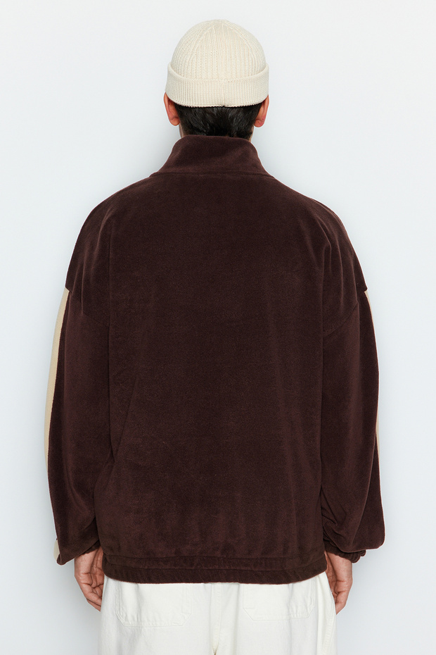 Kahverengi Unisex Oversize/Geniş Kesim Dik Yaka Anti-pilling Polar Sweatshirt TMNAW24SW00034 - 5