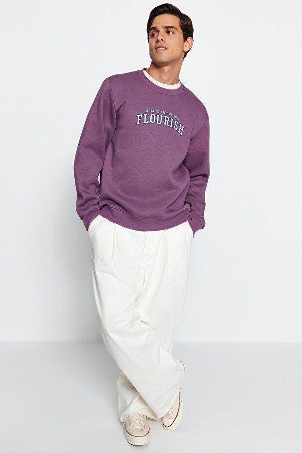 Lila Regular/Normal Kesim Yazı Baskılı İçi Polar/Sıcak Tutan Sweatshirt TMNAW24SW00188 - 5