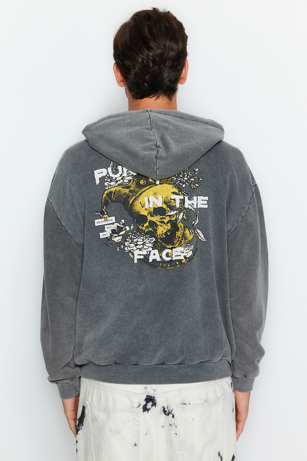 Anthracite Oversized / Wide Cut Hooded Pale Effect Back Printed Sweatshirt Tmnaw24Sw00141