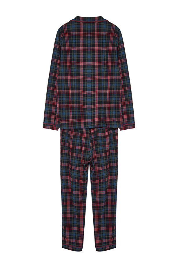 Lacivert Regular Fit Ekose Örme %100 Pamuk Pijama Takımı TMNAW24PT00026 - 9