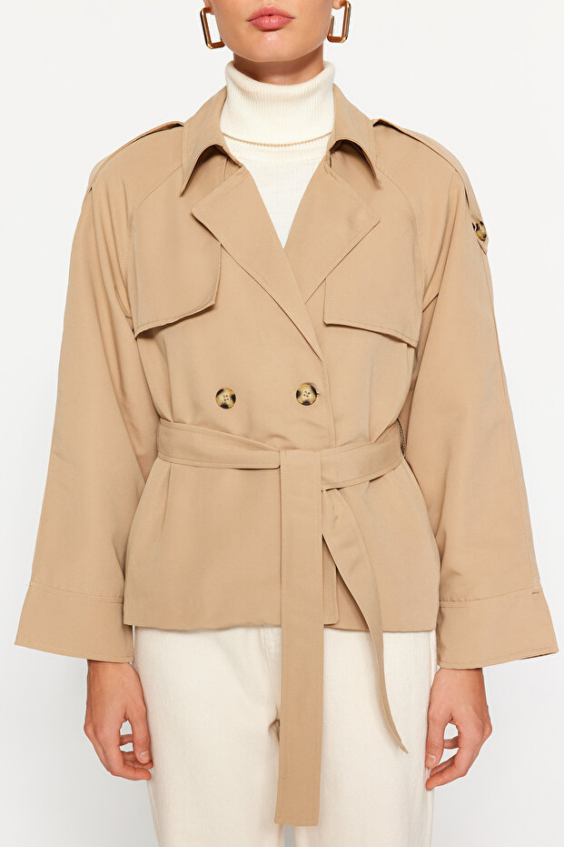 Bej Oversize Geniş Kesim Kemerli Trençkot TWOAW24TR00011 - 8