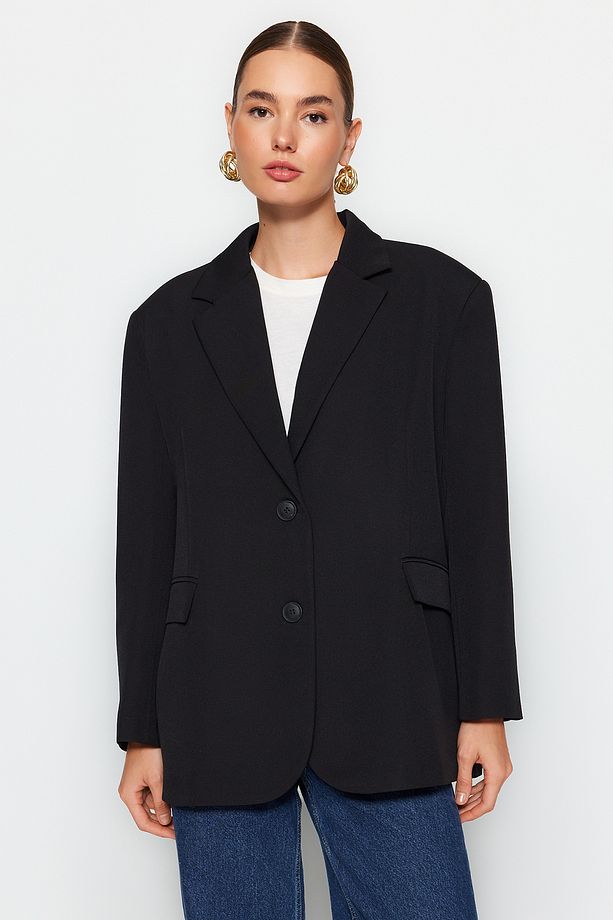 Siyah Dokuma Ekstra Oversize Blazer Ceket TWOAW24BC00107 - 5