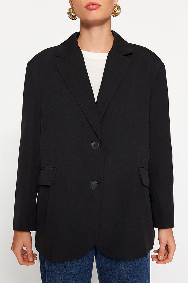 Siyah Dokuma Ekstra Oversize Blazer Ceket TWOAW24BC00107 - 6