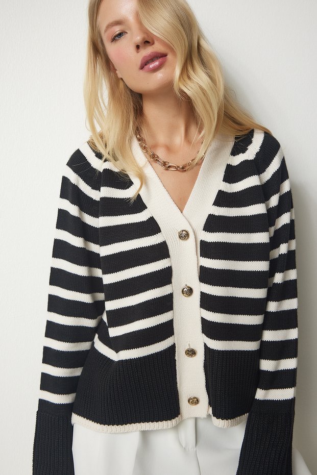 Women's Black Metal Button Detailed Striped Knit Cardigan BP00149