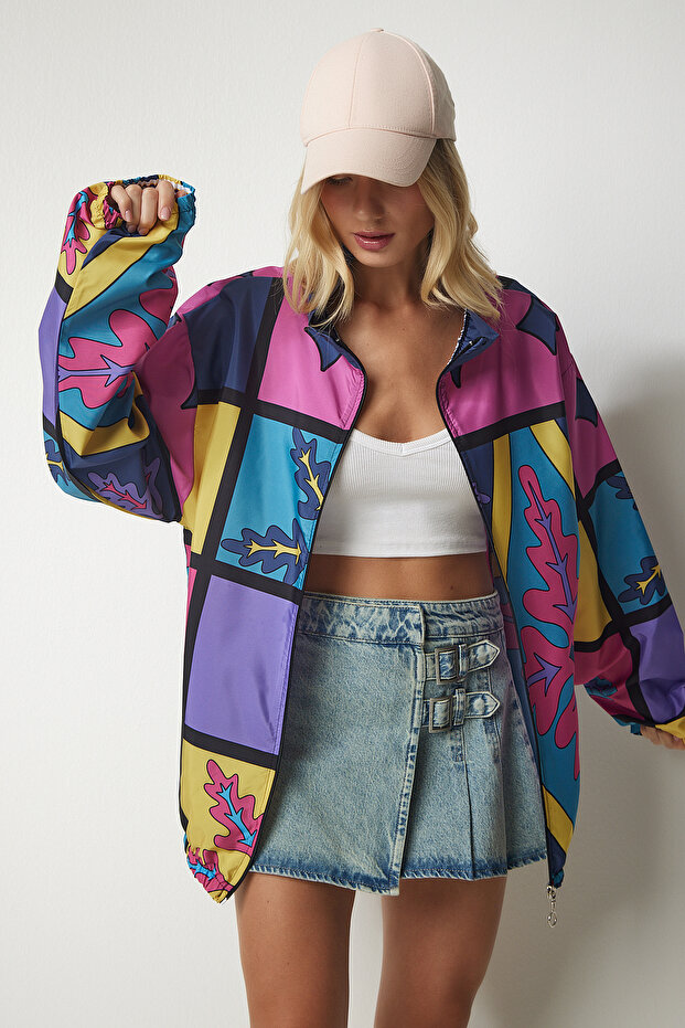 Women's Pink Yellow Patterned Oversize Raincoat EW00003 - 2