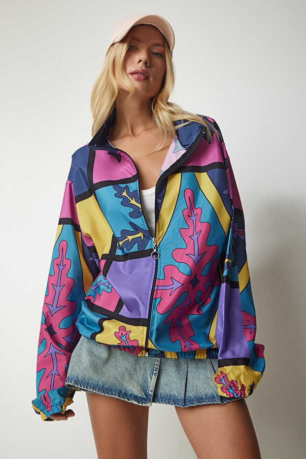 Women's Pink Yellow Patterned Oversize Raincoat EW00003 - 6