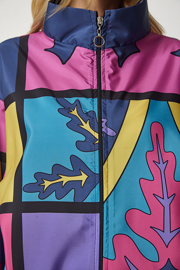 Women's Pink Yellow Patterned Oversize Raincoat EW00003 - 7