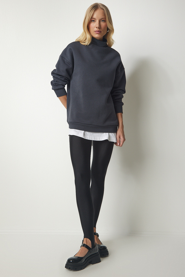 Women's Anthracite Stand Collar Basic Ribbed Sweatshirt UB00166