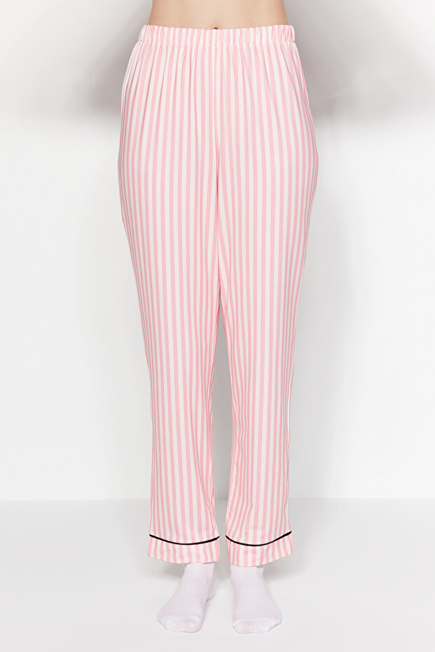 Pembe Çizgi Desenli Biyeli İçi Polarlı Gömlek-Pantolon Örme Pijama Takımı THMAW24PT00050 - 5