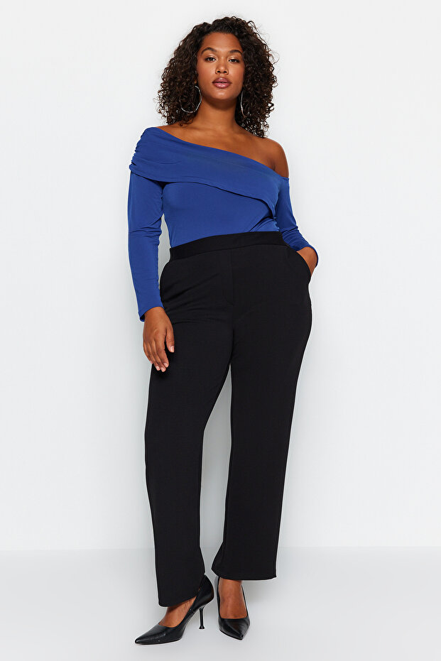 Siyah Straight Fit Yüksek Bel Krep Örme Büyük Beden Pantolon TBBAW24AR00008 - 3