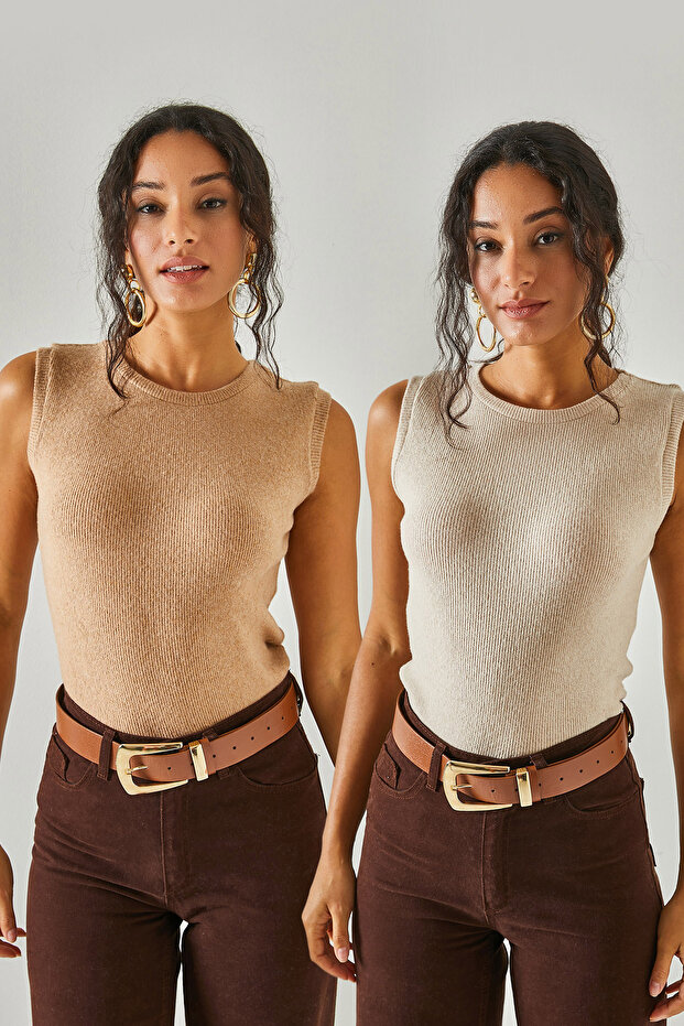 Women's Stone Camel Crew Neck 2 Pack Blouse BLZ-19002401