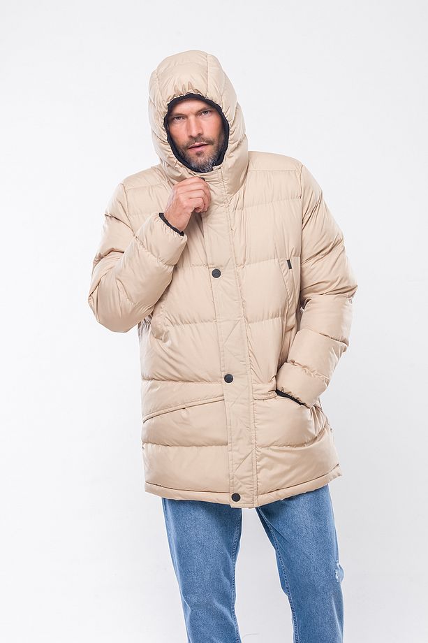 K236 Erkek Bej Kapşonlu Kaban - 5