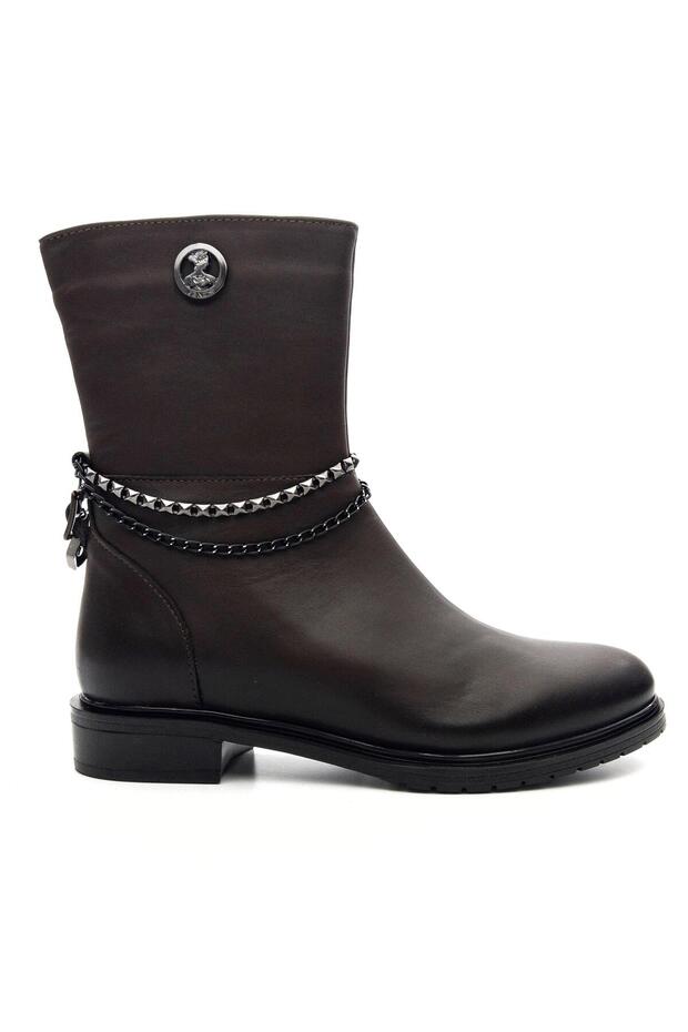 20713K Women's Genuine Leather Chain Detail Casual Boots