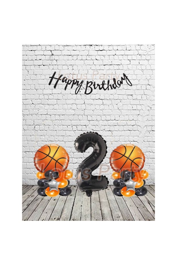 2 Year Old Basketball Themed Party Set Basketball Ball Foil Balloon Black Happy Letter and Number Silver Star