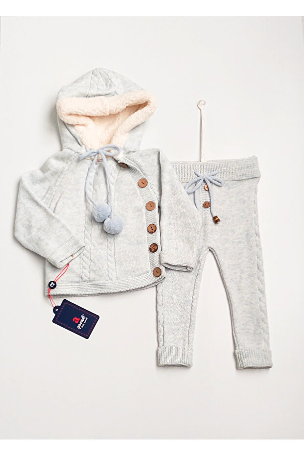 Baby Knitwear Cardigan Set Lined with Pompom