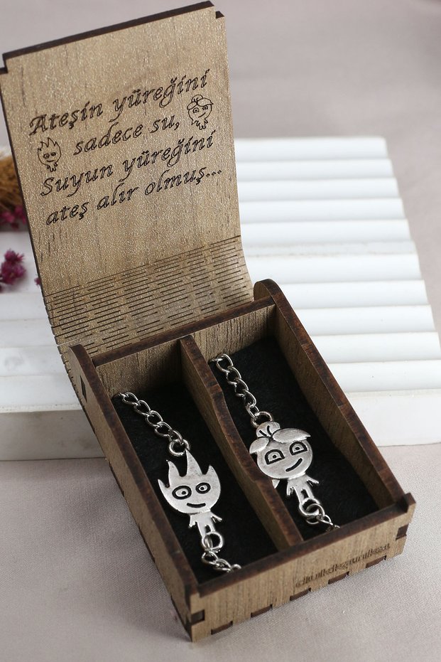 Set of 2 Fire and Water Silver Color Double Lover Best Metal Bracelet with Written Gift Box