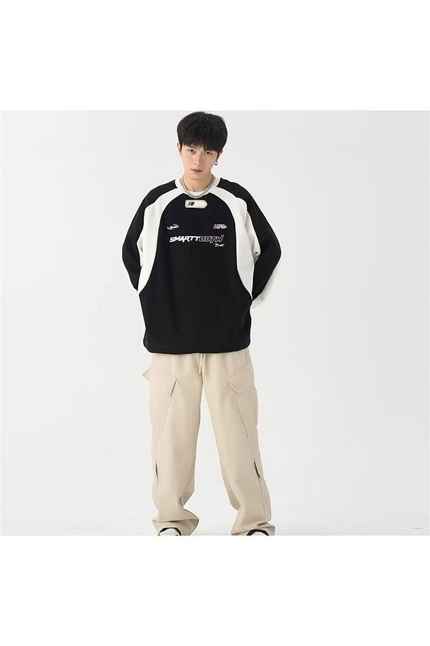 dompuleri moda Y2K Streetwear Smarttooth Baskılı Siyah Unisex Oversize Bisiklet Yaka Sweatshirt - 5