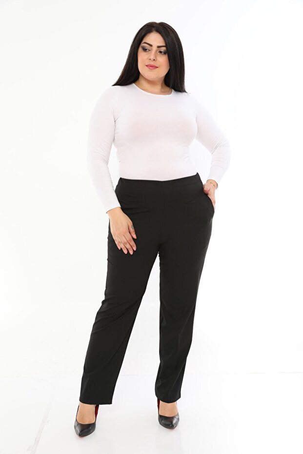 Women's Black Plus Size Elastic Waist Trousers