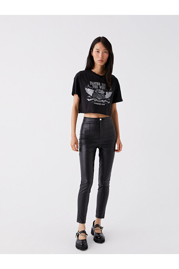Slim Fit Straight Leather Look Women's Trousers