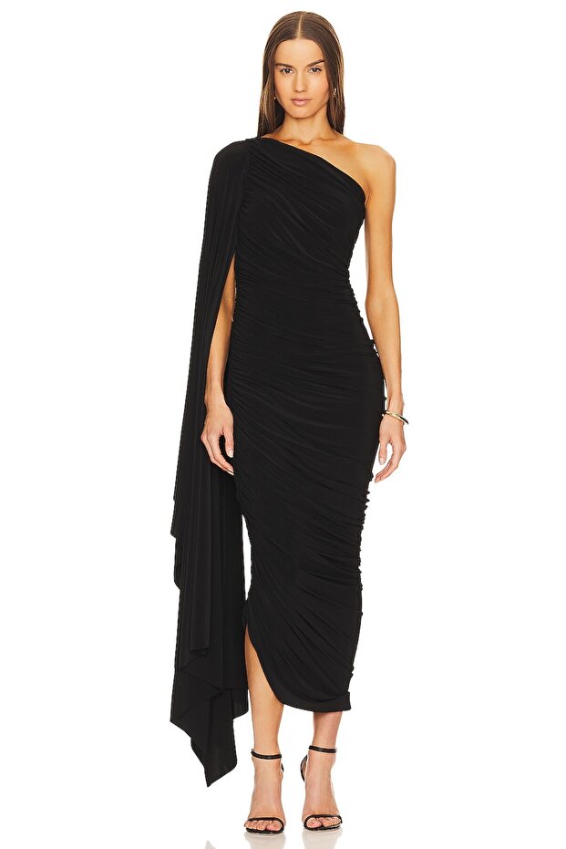 Women's Black Asymmetric Cut Ruched Jersey Dress