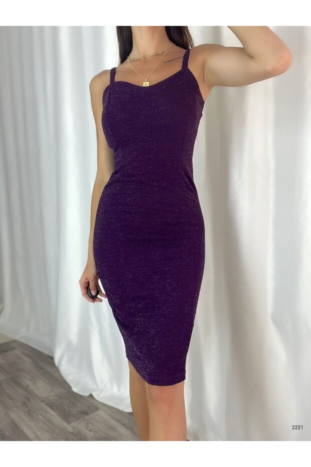 Purple Sparkly Fabric Midi Length Strap Pencil Evening Dress and Graduation Dress 582221 702