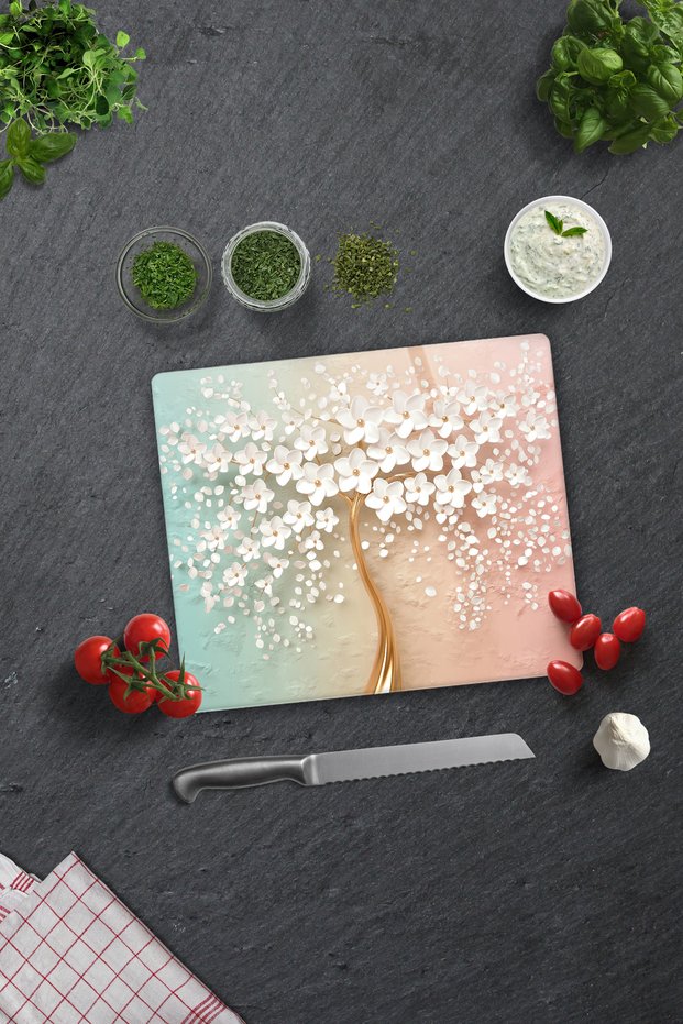Glass Cutting Board |   White Flower - Colorful |   29cm X 34cm