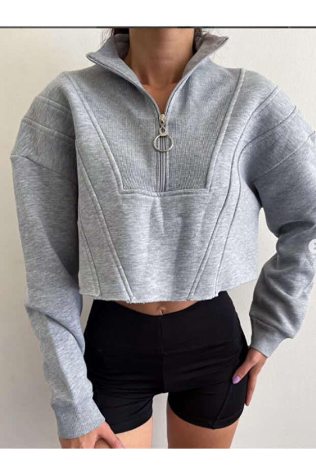 Fermuarlı Crop Sweatshırt Gri
